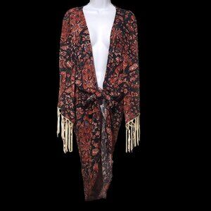 L & B Lucky & Blessed Floral Fringe Hippie Retro Layer Trendy Cardigan Duster L